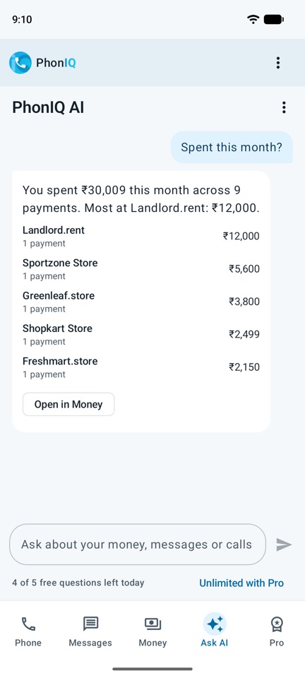 Ask AI answers how much was spent this month, on the phone.