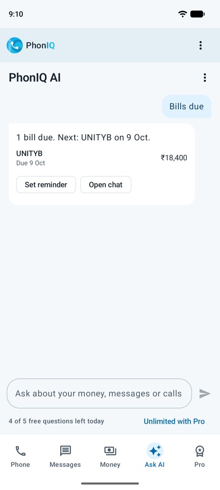 AI से पूछें, SMS में मिले जल्द आने वाले बिल दिखाता है।