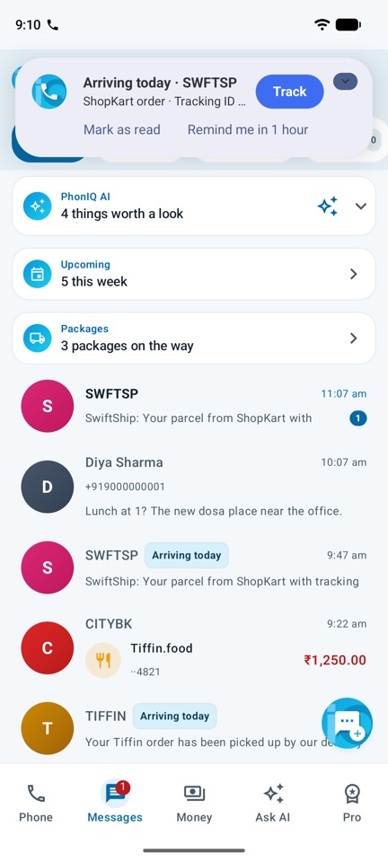 PhonIQ's inbox sorted into personal, payments and offers, as a delivery SMS arrives.