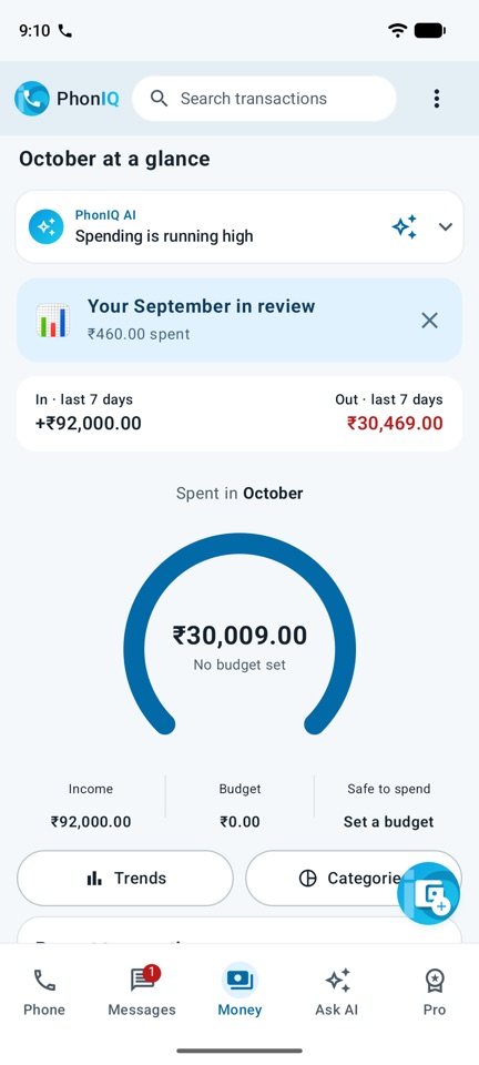 An OTP SMS arrives: PhonIQ shows the code in a notification and in the inbox, then Money shows the payment.
