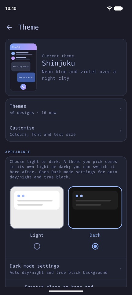 PhonIQ's theme gallery: a theme is previewed and applied, and the app recolours.
