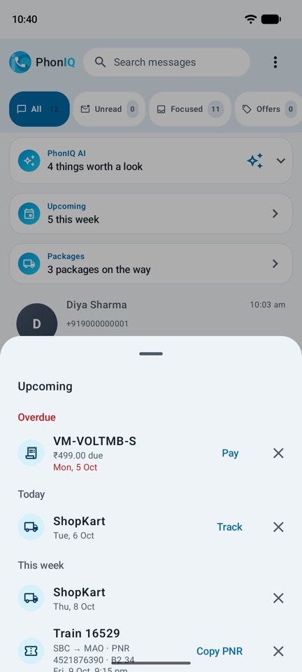 PhonIQ's Upcoming list: an overdue phone bill with Pay, a parcel with Track and a train with Copy PNR.