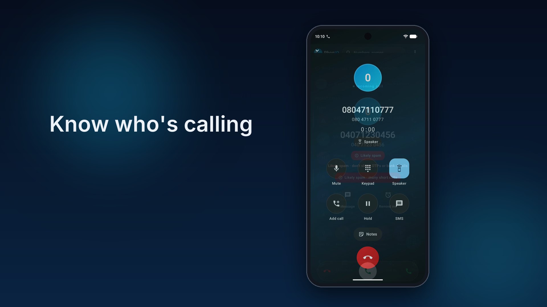 PhonIQ in action: an incoming call with a caller hint and a spam warning, an OTP with Copy, the Money tab and the theme gallery.